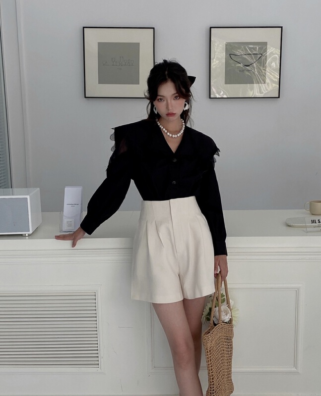 [CB] Lapel stitched lace western style shirt 9562# JJ