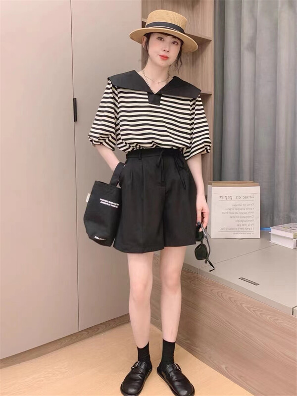 [Naikan Nik] Korean loose stripe short sleeve T-shirt 9662# lwy