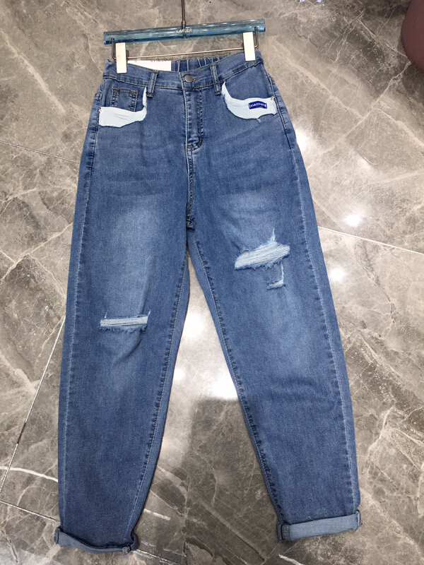 [thousand degree] pocket personalized contrast color stitching hole casual port style semi elastic jeans 8005# LSW
