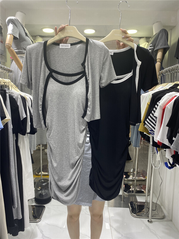 [top] Korean color contrast border blouse + sling Pleated Dress Set 7070# zjy