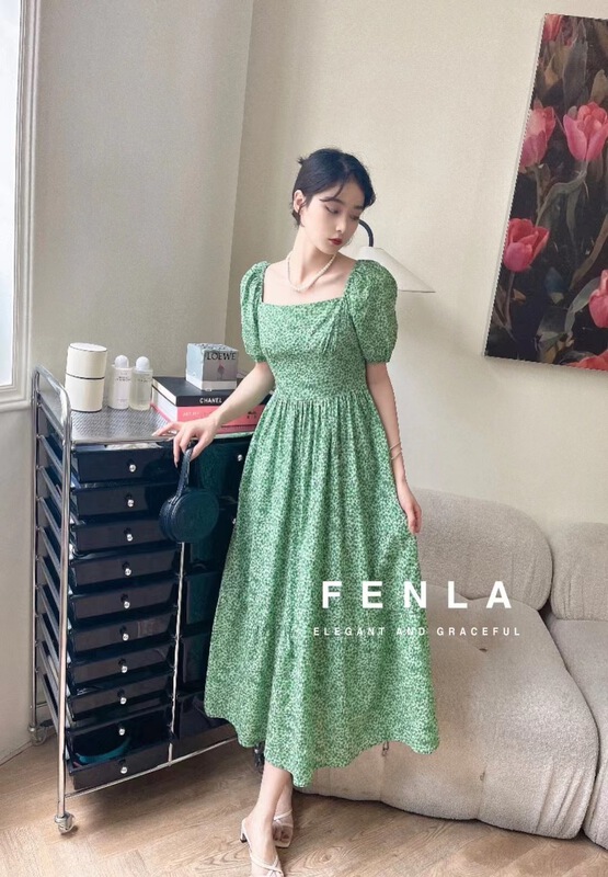 [fenla] square neck floral versatile dress 69888# XYJ