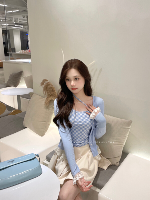 [LML] pure desire style diagonal belt Vest + Lace sunscreen shirt set a932# ozq