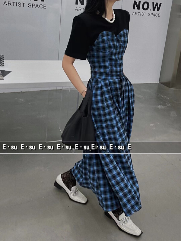 New in early summer! [ESU] color blocking fashion blouse + Plaid versatile skirt set 3684# ozq