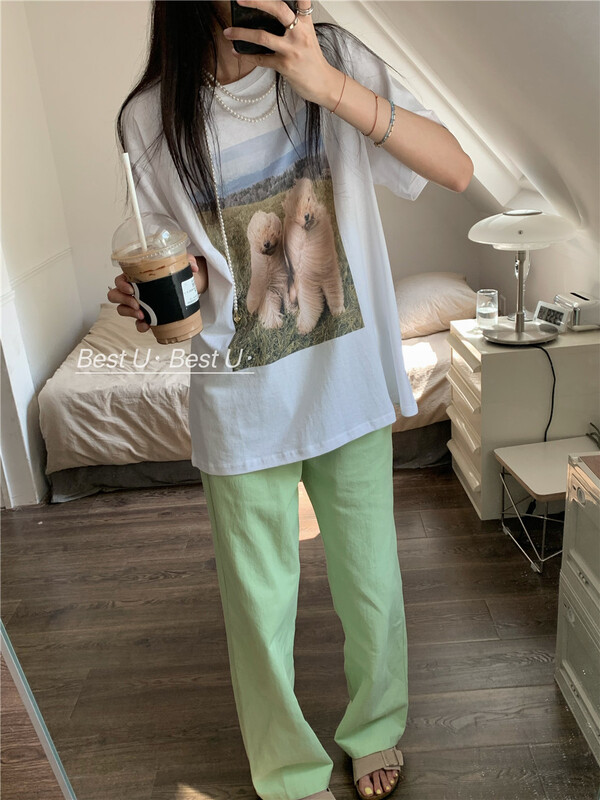 [best u] Korean version simple and loose high waist buckle casual pants 60023# LSW