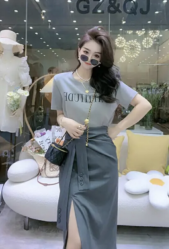 [JH] net red letter cotton T-shirt + knot split skirt suit (only suit) 41735# PCZ