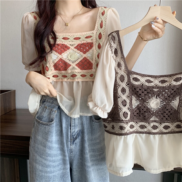 [f · P] Vintage square neckline hook flower short sleeve design sense of minority small shirt 19011# HBx