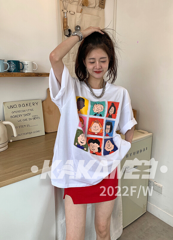 [kakamee] Korean cartoon head puzzle lazy style short sleeve T-shirt 3981# LSL