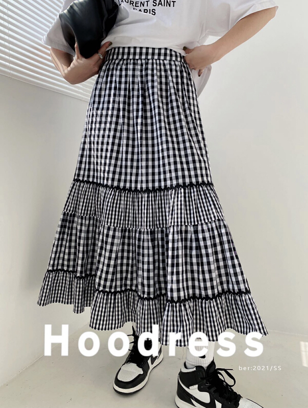 New in early summer! [huohuohuo hoodress] Korean loose and simple lattice skirt j21039# ozq