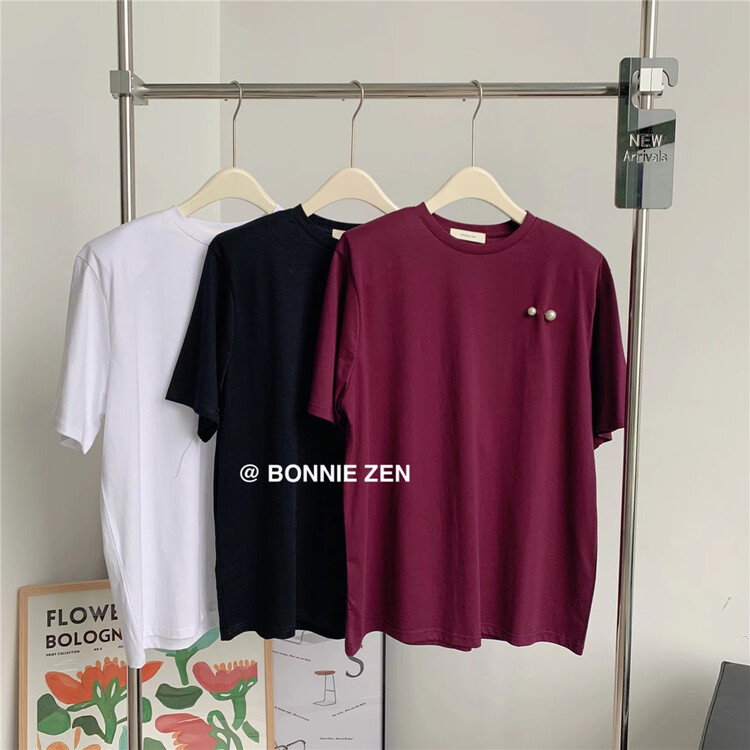 [Bonnie] shoulder pad round neck versatile short sleeve T-shirt (with removable shoulder pad) 2310# XYJ