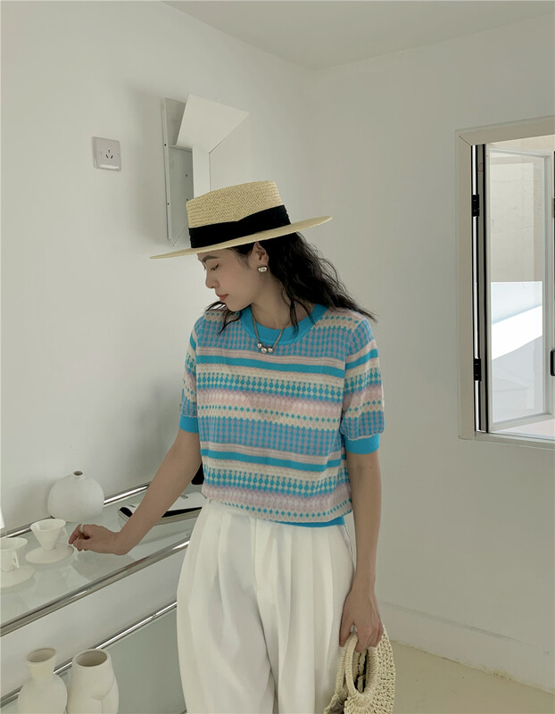 [Weika] Korean fashion color stripe short sleeved sweater 8203# lwy
