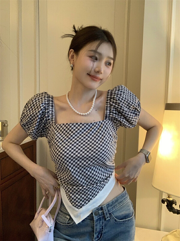 [timely rain] Han Feng ins thin design sense lattice versatile loose bow bubble sleeve blouse 0202# WPL