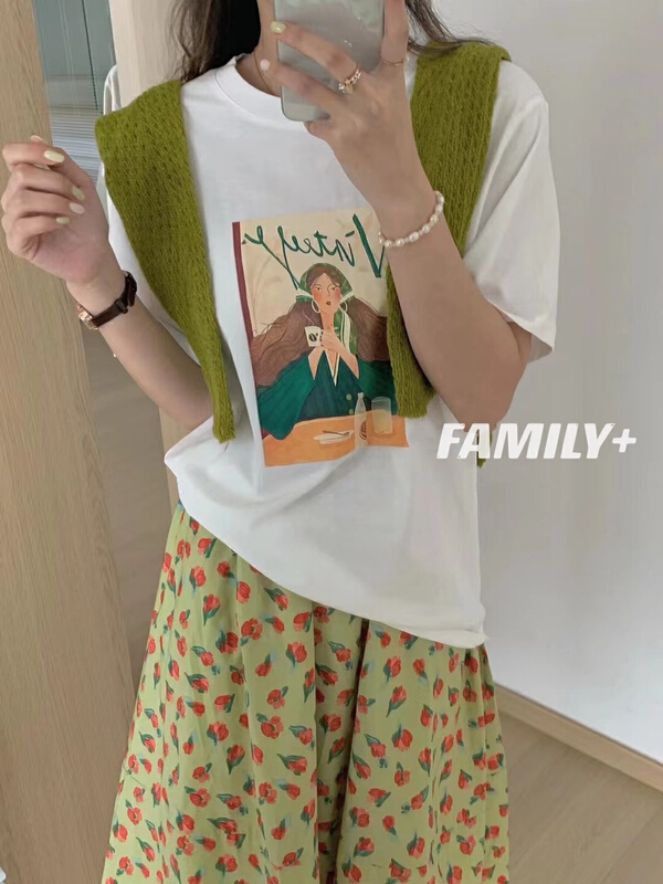 goods in stock! New in early summer! [family +] Korean oil painting girl T-shirt + Linen Cotton Floral pocket skirt set 22367# ozq