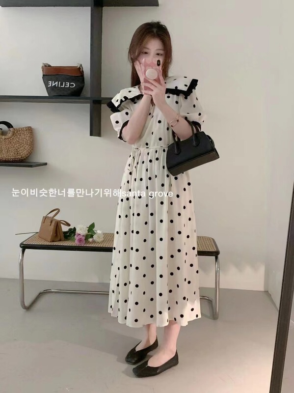 [YG] fashion temperament wave point medium length dress 3896# lwy