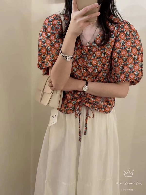 [ya. Mei] V-neck drawcord comfortable shirt 1588-1# ll