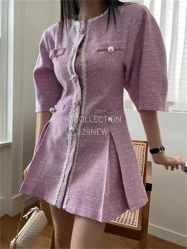 [rich] round neck single breasted lady dress 9190# zyh