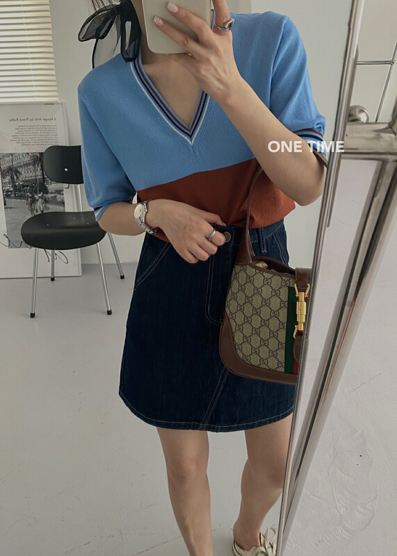 [one time] Korean color contrast splicing ice silk short sleeved T-shirt ot7010# CLS