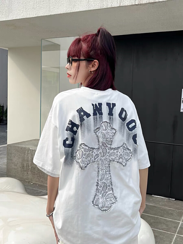 [lab eeda] cross graffiti design sense of minority American oversize short sleeve T-shirt 2985# ozq