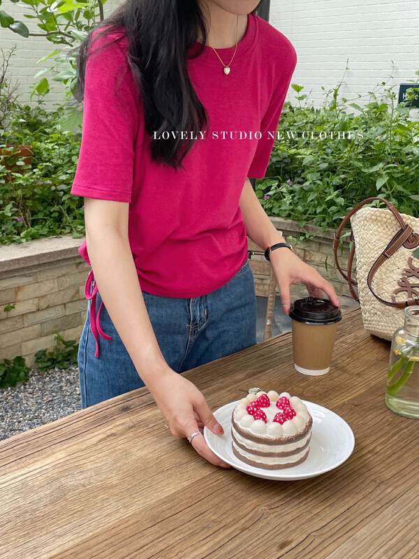 [lovely] slim side drawstring short sleeve T-shirt z0951# HBx