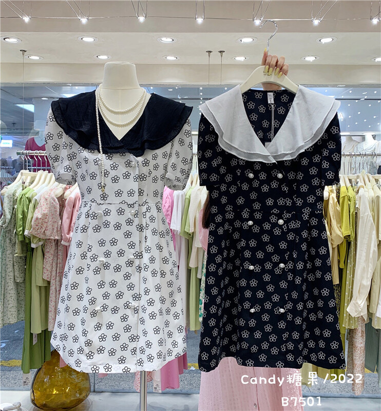 [candy] Korean ruffled waist closing floret dress 7501# zjy