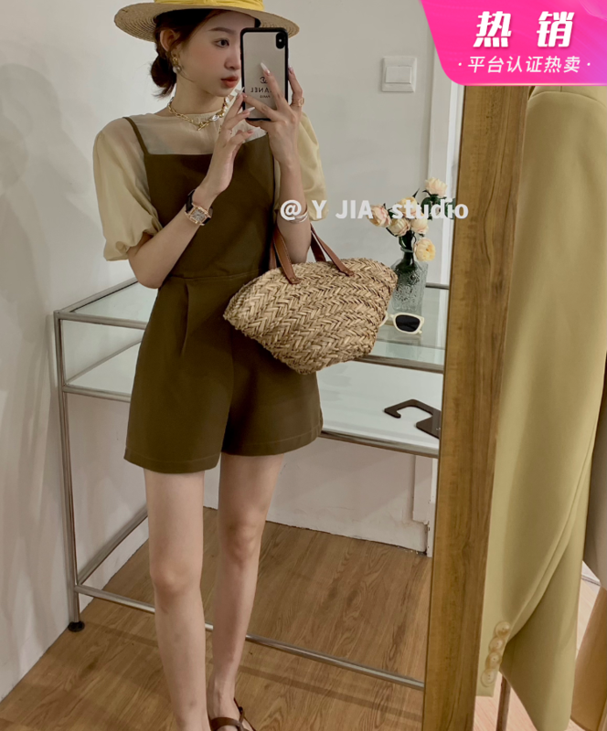 [y.jia Yijia] simple round neck bubble sleeve T-shirt + casual suspender Pants Set ys1-6768# PCZ