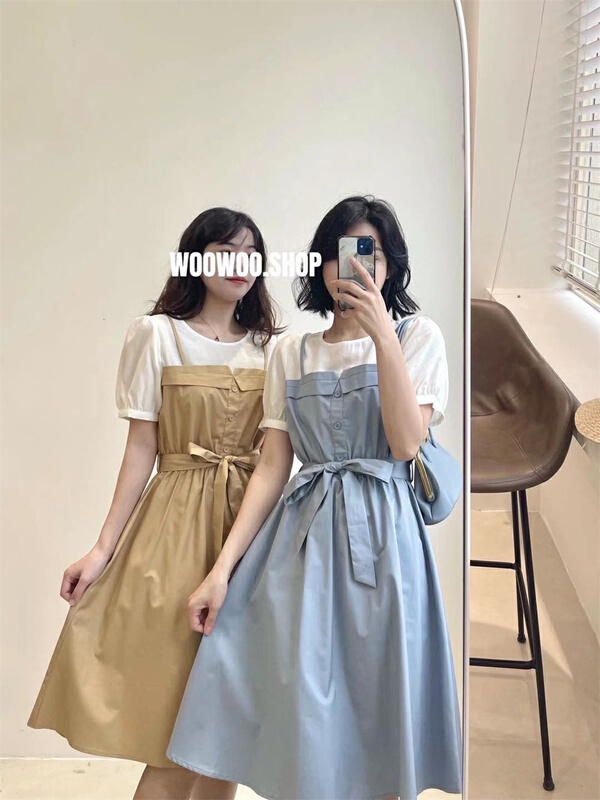 New in early summer! [so woo] Korean fashion fake two piece waist closing short sleeve dress (with belt) 62659# WPL