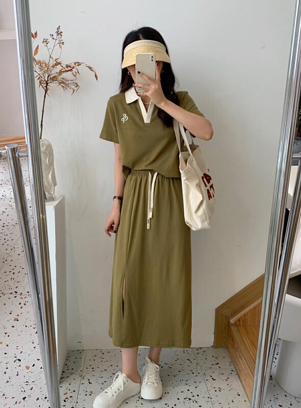 [victory. 2] Korean color blocking Lapel short sleeve T-shirt + versatile casual skirt set b191# WPL