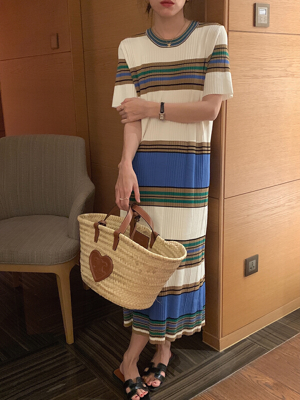 [timely rain] Korean style retro casual design color contrast dress 0417# WPL