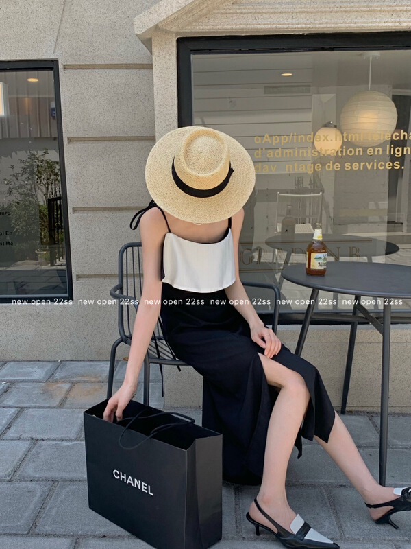 [new open] French color contrast strap temperament splicing design suspender dress cl22737# zxl