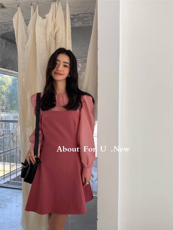 goods in stock! [about for u] Korean version Solid Color Bubble Sleeve Blouse + solid color suspender skirt two-piece suit 66067# WPL