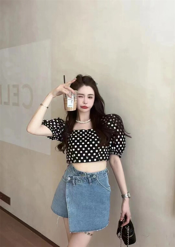 [FC] Han Xibo dot square neck bubble sleeve short shirt 1093# PCZ