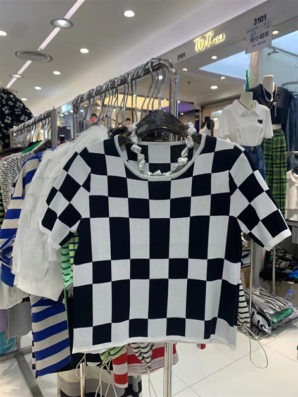 [al] asymmetric Plaid versatile short sleeve T-shirt (T-shirt only) 5212# ozq
