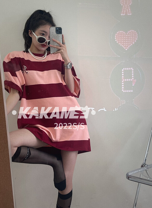 [kakamee] stripe A-shaped Zhang Zi Korean stripe short sleeve T-shirt 3935# LSL