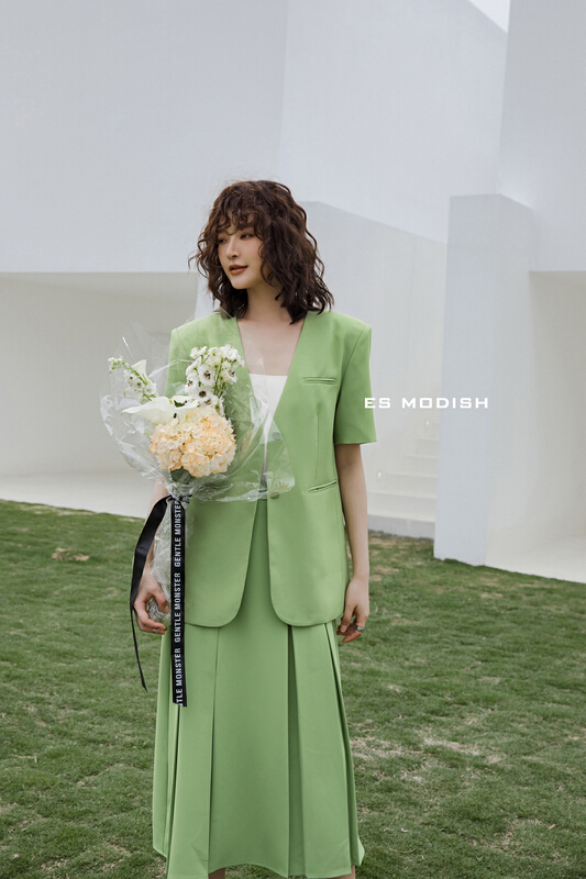 [es modish] Korean V-neck short sleeved suit (with belt) jk1623# XYJ