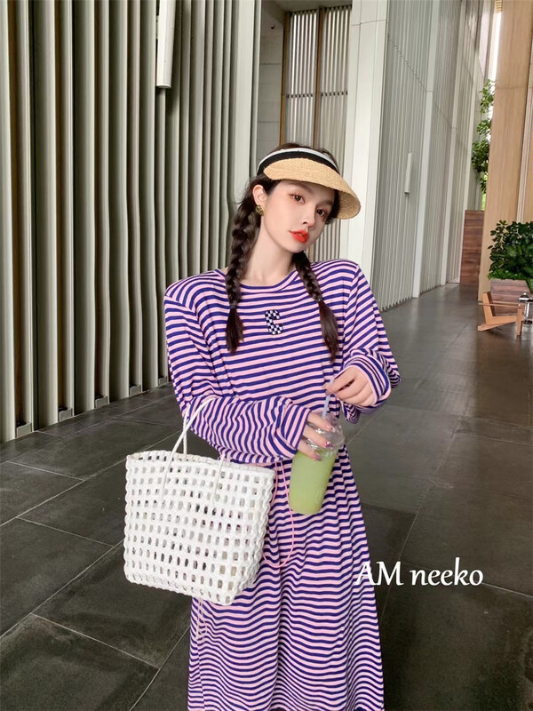 [neeko] Korean round neck stripe waist dress 3307# JJ