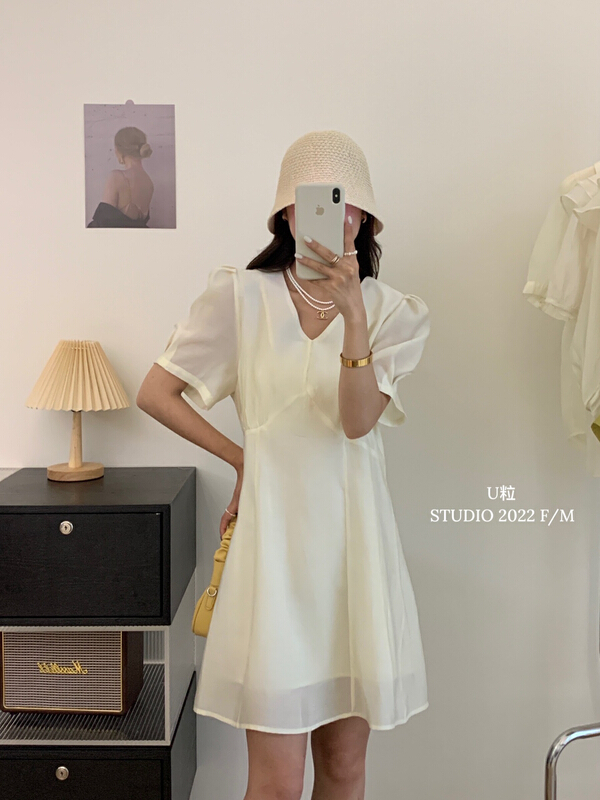 [U grain] Korean V-neck bubble sleeve dress 5517# HBx