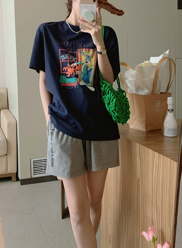 [olive] Korean casual loose cartoon digital printing non sultry short sleeve T-shirt 1082# CLS