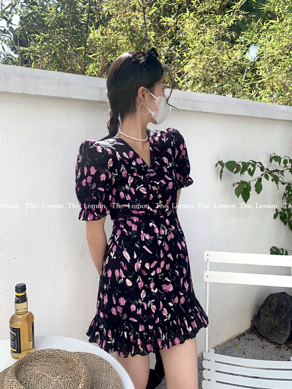 [lemon green tea] Korean printed drawstring bubble sleeve dress 2139# hjy