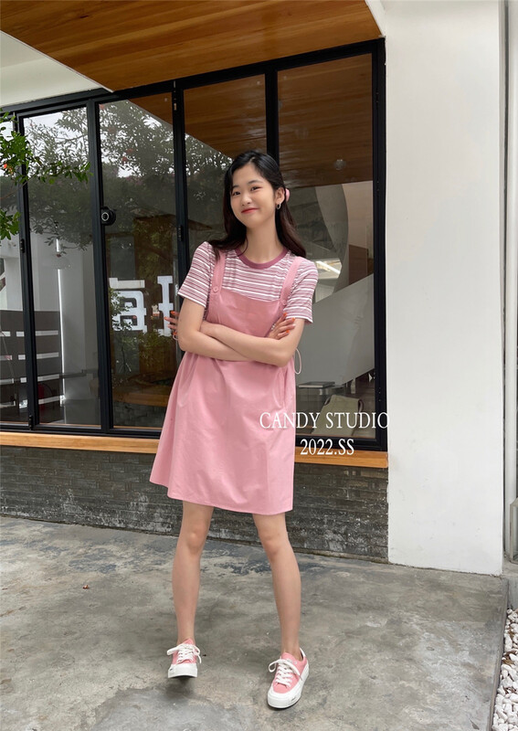[candy] Korean round neck stripe contrast short sleeve T-shirt 3339# zjy