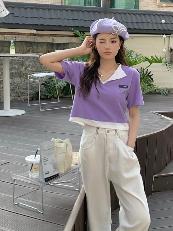 [qixuan'er] Korean version metal chain labeling polo collar short sleeve T-shirt 2629# LSW