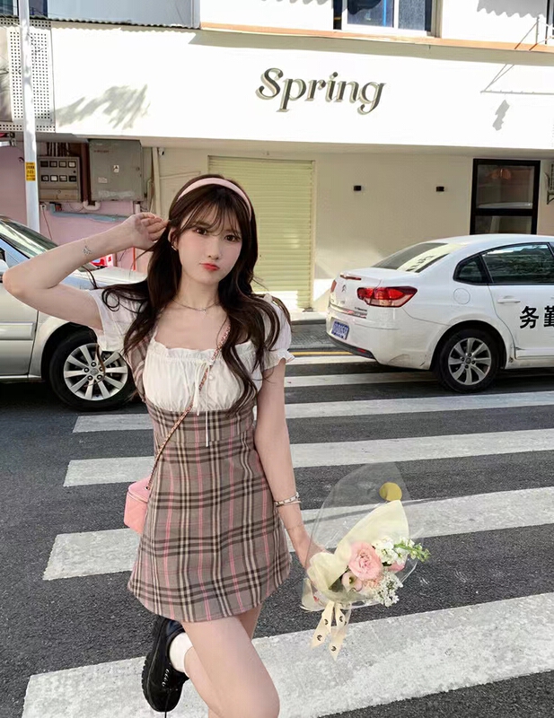 [kakajia] pure desire square neck bubble sleeve stitched dress (dress only) 2090# ozq
