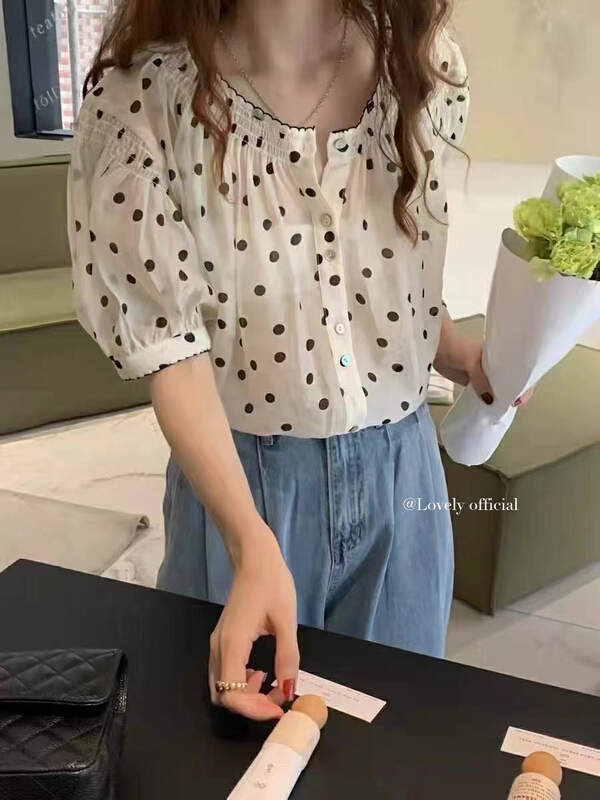 【 love 】 sweet temperament wave dot round neck T-shirt s1383# HBx