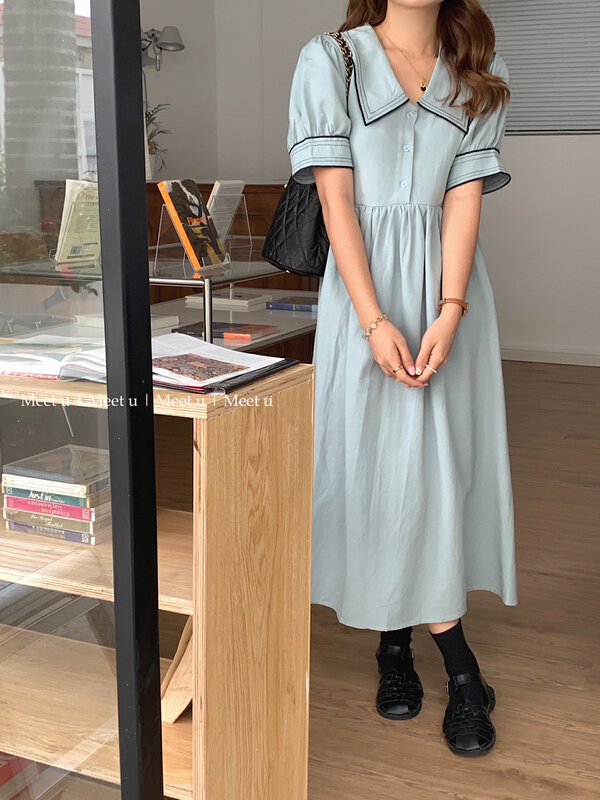 [meetu] Korean embroidery Lapel lace up dress 22226# HBx