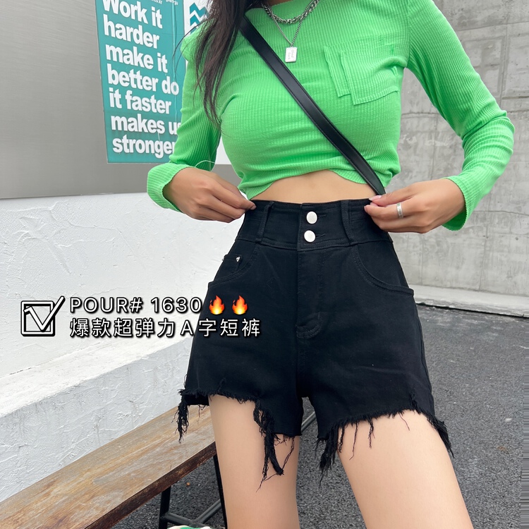 New in early summer! [pour one] Korean version of foreign style double button denim shorts p1630# L