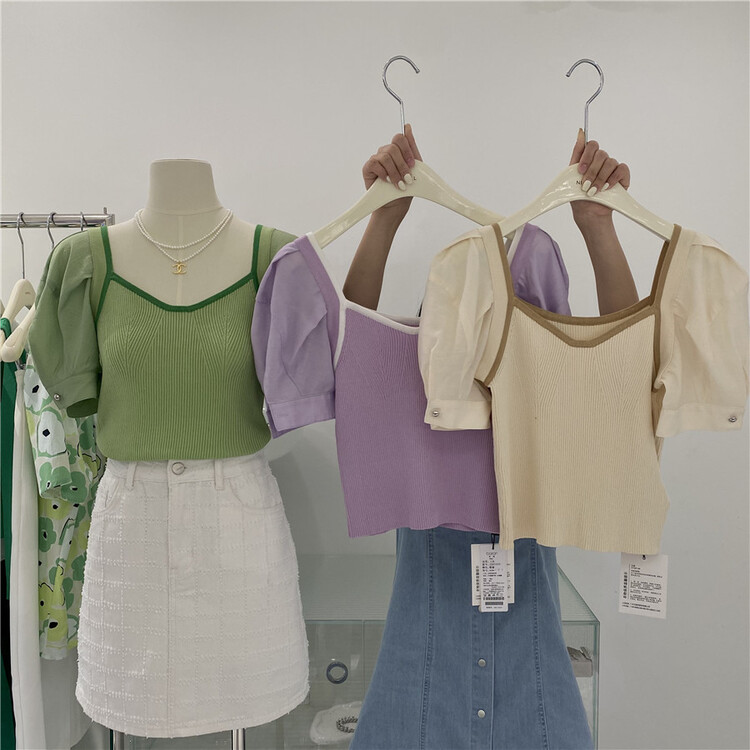 [namil] contrast edge bubble sleeve Knitted Blouse (only for blouses) 7357# LSW