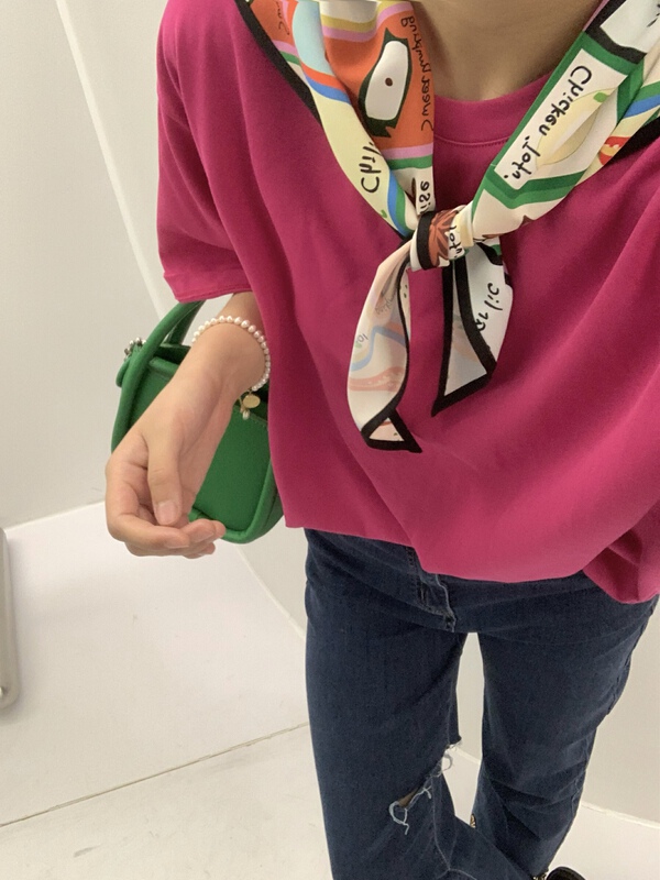 New in early summer! [meet + studio] fake two piece scarf neck solid color short sleeve T-shirt 57860# LSL