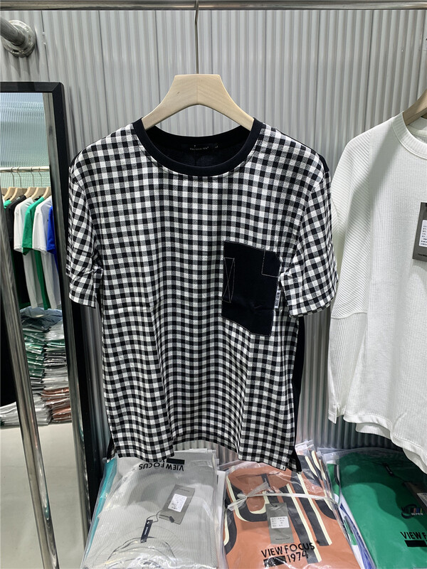 New in early summer! [1974] men's casual splicing Plaid short sleeve T-shirt a91# ZZL