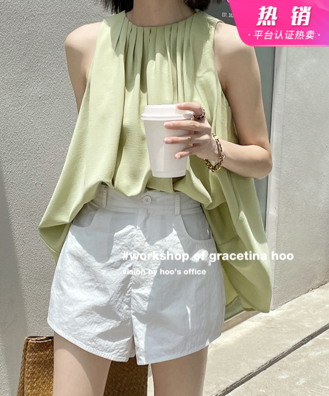 [gracetina Hoo] slightly wrinkled texture, simple High Waist Wide casual shorts k8251# zxl