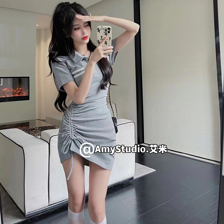 [top] Korean casual Polo neck drawstring dress ys1-7026# zjy