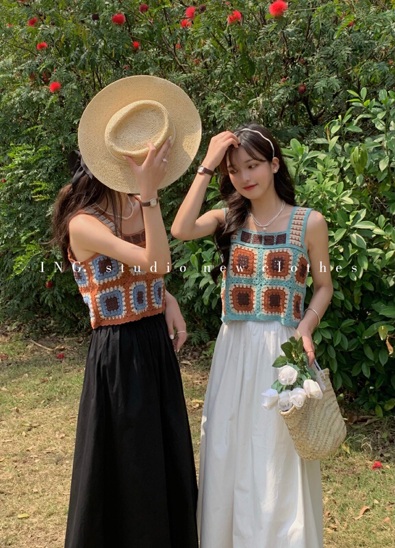 [ing] Bohemian holiday style hook flower hollow out square neck knitted vest w3499# ZSY