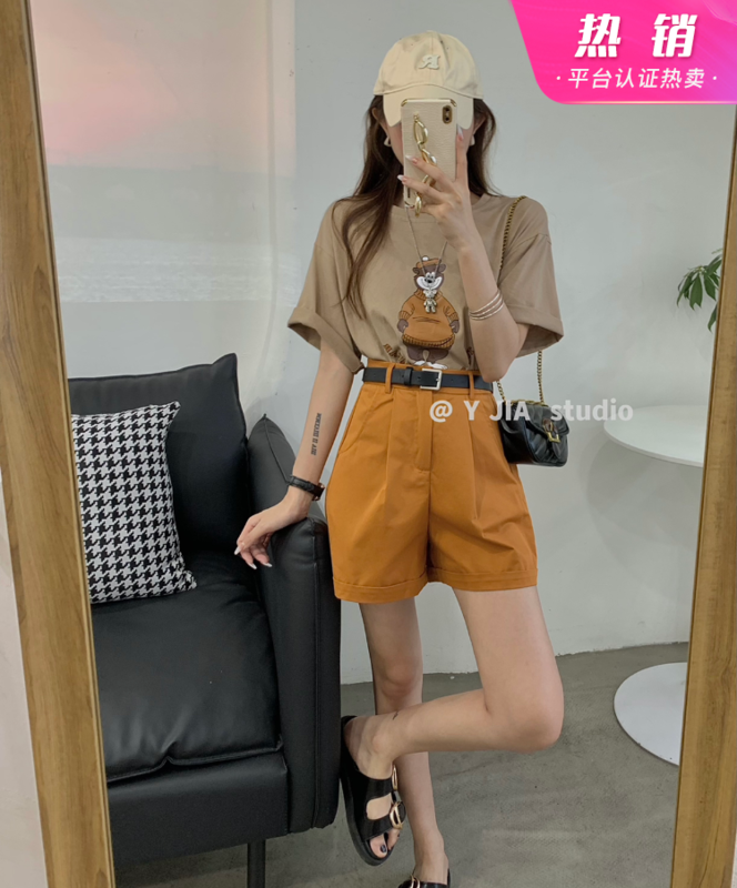 [y.jia Yijia] simple cartoon short sleeve T-shirt + Korean versatile Shorts Set (with belt) ys1-3376# PCZ